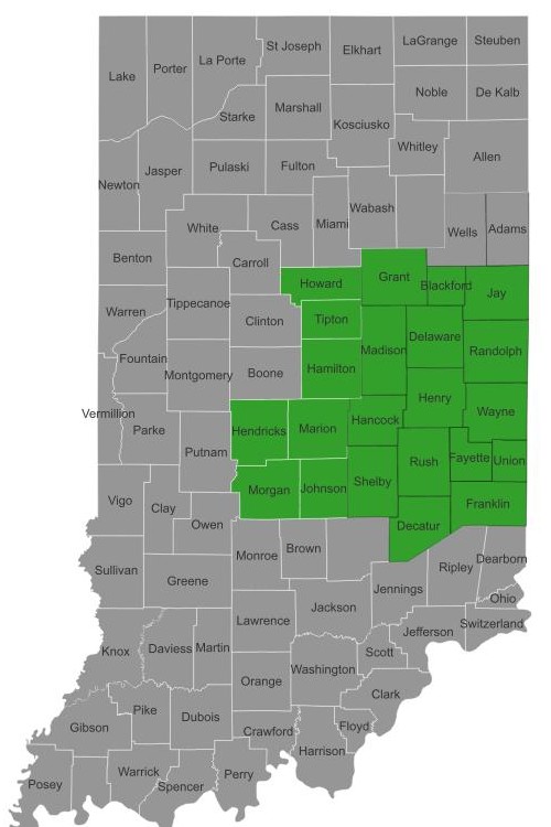 Cool Soil Consulting service area — east-central Indiana counties highlighted